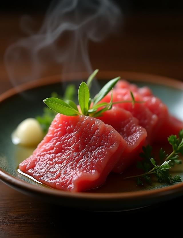 An artfully arranged 'Bungo Beef' kaiseki course, showcasing seasonal vegetables from Oita.
