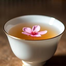 A cup of local sake with a cherry blossom.